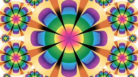 A repeating pattern of stylized flowers with rainbow-colored petals and yellow centers on a white...