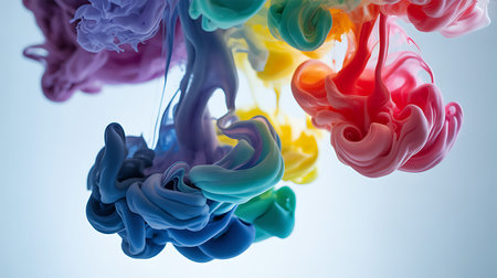 Colorful ink clouds swirl and blend in clear liquid against a light blue background.