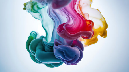 Vibrant colors of ink swirl and diffuse in clear liquid creating abstract shapes.の写真素材