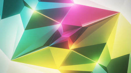 Vibrant abstract digital artwork with geometric shapes and colorful light refractions.