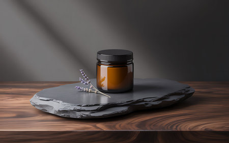Mockup of black cosmetic jar with lavender flower on dark wooden table. 3d renderの写真素材