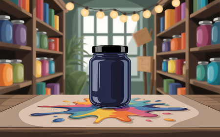 Illustration of a jar of paint on a table in a shopの写真素材