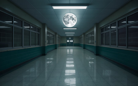 3D rendering of an empty corridor with a full moon in the backgroundの写真素材