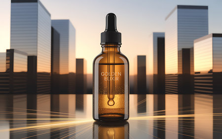 Bottle with pipette on city background. 3D renderingの写真素材