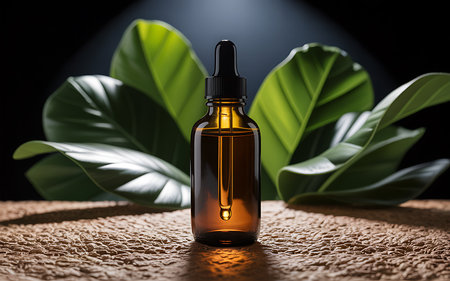 Glass dropper bottle with brown liquid on dark background with green leavesの写真素材