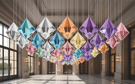 Colorful crystals hanging from ceiling in modern hall. 3D renderingの写真素材