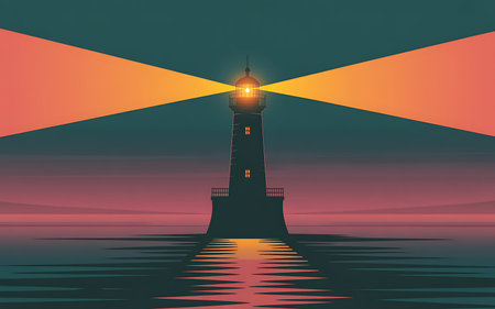 Lighthouse on the sea at sunset. Vector illustration in retro styleの写真素材