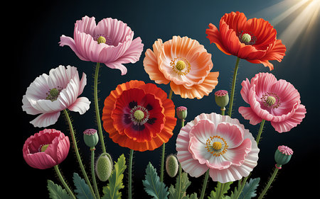 Red and pink poppies on dark background. Vector illustration.の写真素材