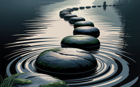 Zen stones in the water with reflection on the surface of the waterの写真素材