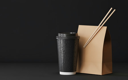 Takeaway coffee cup with paper bag and chopsticks on black backgroundの写真素材