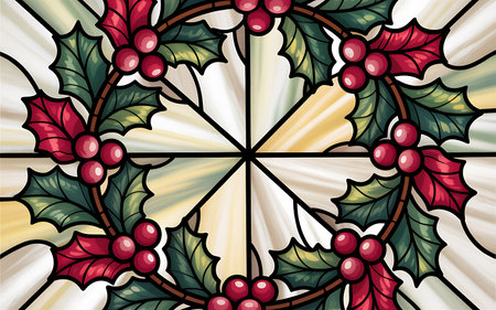 Illustration in stained glass style with holly leaves and berries on a white backgroundの写真素材