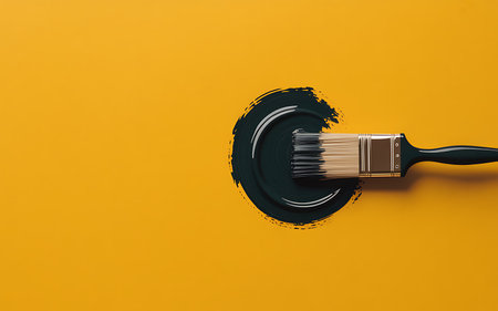 Paint brush with black paint on yellow background. Minimal art conceptの写真素材