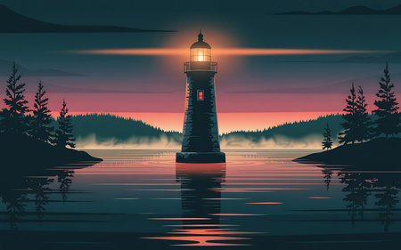Lighthouse on the lake at sunset. Vector illustration in retro styleの写真素材