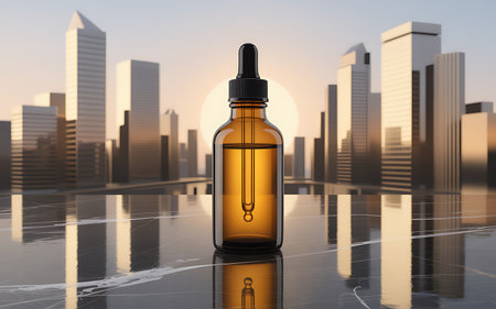 Amber glass dropper bottle mockup on city background. 3d renderの写真素材