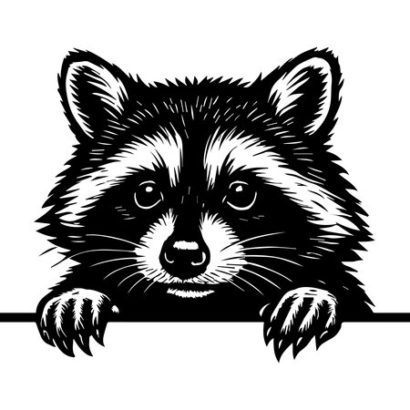 Black and white illustration of a raccoon peeking over a white surface with its paws visibleのイラスト素材