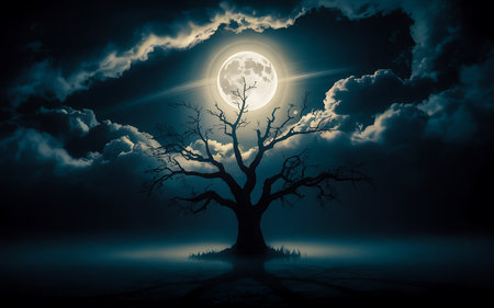 Halloween background with full moon and scary tree. Halloween background.の写真素材
