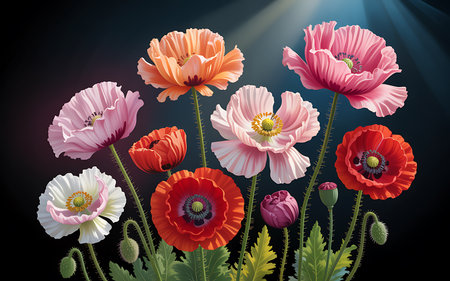 Beautiful poppies on a dark background. Vector illustration.の写真素材