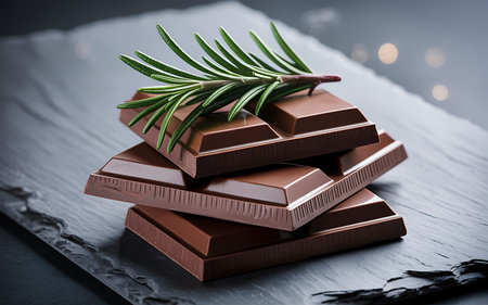 Chocolate bars with rosemary on a black background. Toned.
