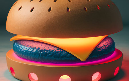 Hamburger with red and blue lights. 3D illustration.の写真素材
