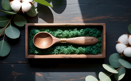 Wellness setting with wooden spoon, green grass and eucalyptus branches on dark wooden backgroundの写真素材