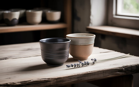 Ceramic pottery and lavender flowers on a wooden tableの写真素材