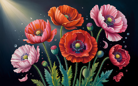 Beautiful poppies on the dark background. Vector illustration.の写真素材