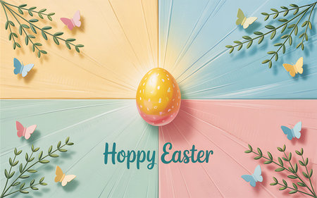 Happy Easter greeting card with eggs and butterflies on pastel background.の写真素材