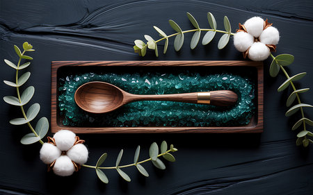 Spa composition with sea salt, wooden spoon and eucalyptus branches on black background.の写真素材
