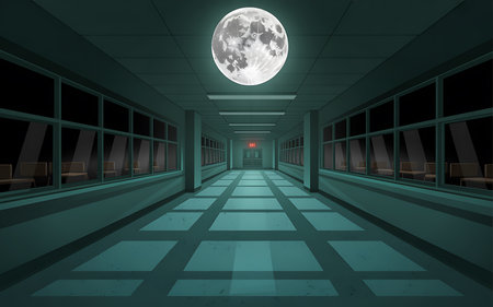Futuristic hallway with full moon on the background. 3D renderingの写真素材