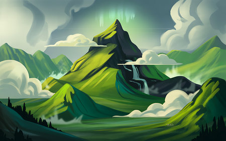 Fantasy landscape with mountains and waterfalls. Vector illustration. Eps 10の写真素材