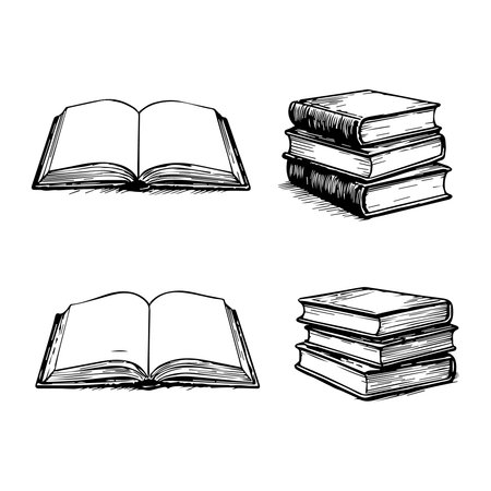 Two open books and two stacks of books depicted in a black and white sketch style.のイラスト素材