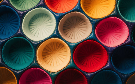 Colorful plastic cups for cocktails, top view. Abstract background texture.の写真素材