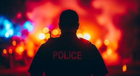 Security guard standing in front of burning building at night.の写真素材