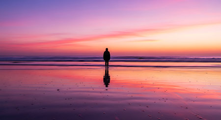 Silhouette of a man walking on the beach at sunset.