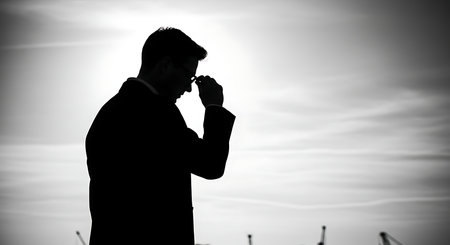 Silhouette of a man smoking cigarette on the background of the sunsetの写真素材