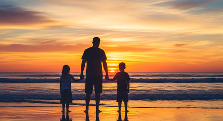 Father and kids walking on the beach at beautiful sunset. Concept of friendly family.の写真素材