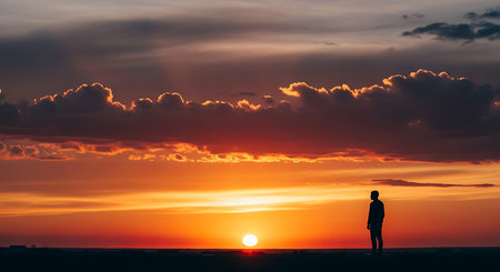 Silhouette of a man looking at the sunset in the skyの写真素材