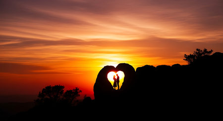 Silhouette of a loving couple in the shape of a heart at sunset