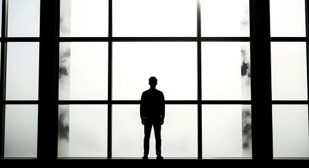 Silhouette of a man standing in front of a large windowの写真素材