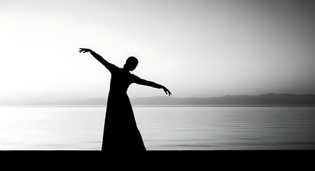 Silhouette of a woman in a long dress dancing on the beachの写真素材