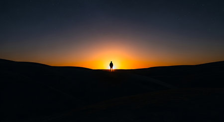 Silhouette of a man standing in the middle of the desert at sunsetの写真素材