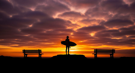 Silhouette of surfer with surfboard on bench at sunsetの写真素材