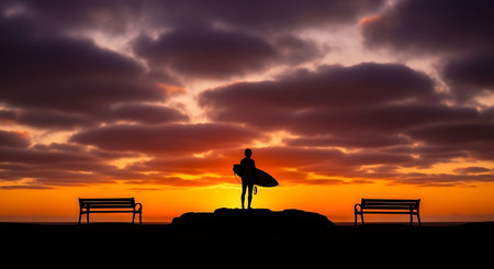 Surfer silhouette with surfboard on the beach at sunset. 3d renderingの写真素材