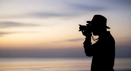 Silhouette of photographer with camera on the beach at sunset.の写真素材