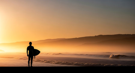 Surfer with surfboard at sunset.の写真素材