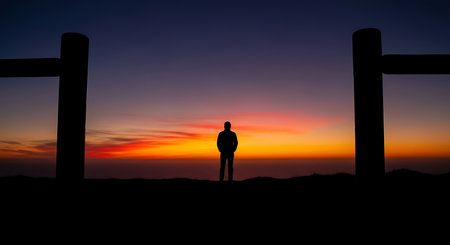 Silhouette of a man standing on top of a fence at sunsetの写真素材