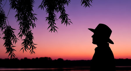 Silhouette of a man in a hat against a sunset backgroundの写真素材