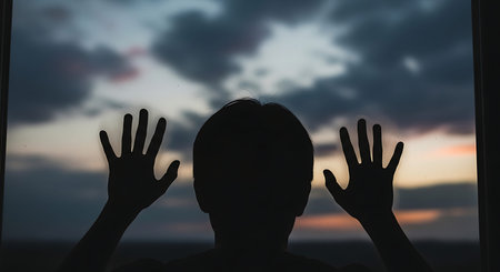 Silhouette of man looking out the window with sunset background.