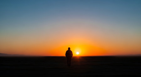 Silhouette of a man standing in the middle of the desert at sunsetの写真素材