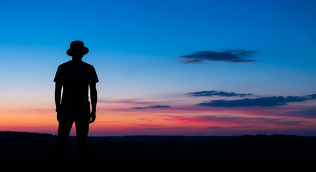Silhouette of a man with hat standing on top of a hill at sunset backgroundの写真素材